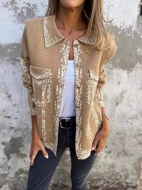 Shawl Collar Random Print Urban Printing Autumn And Winter Lapel Knitted Jacket With Mixed Color Metal Buttons Jacket