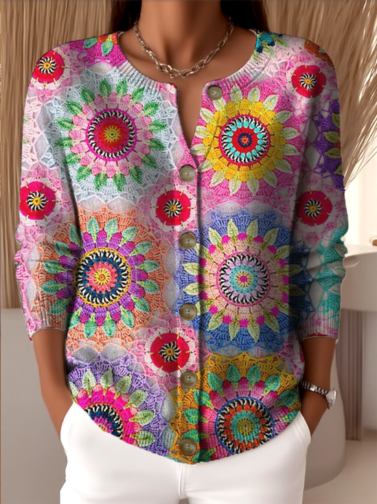 Ethnic Geometry Crew Neck Peasant Cardigan