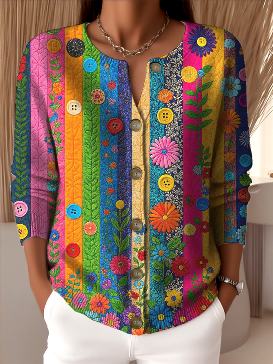 Floral Loose Crew Neck Vintage Cardigan