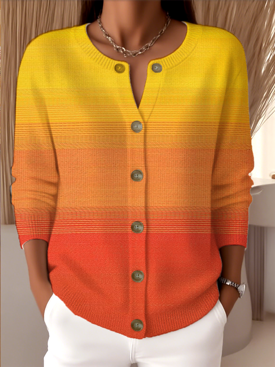 Crew Neck Knitted Gradient Pattern Peasant Cardigan