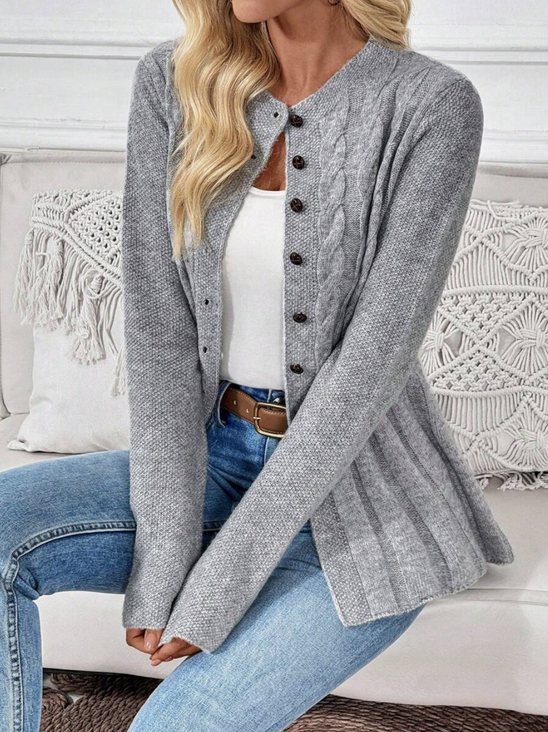 Women's Casual Long Sleeve Knitted Cardigan Autumn and Winter Cable Knit Round Neck Warm Coat Sweater