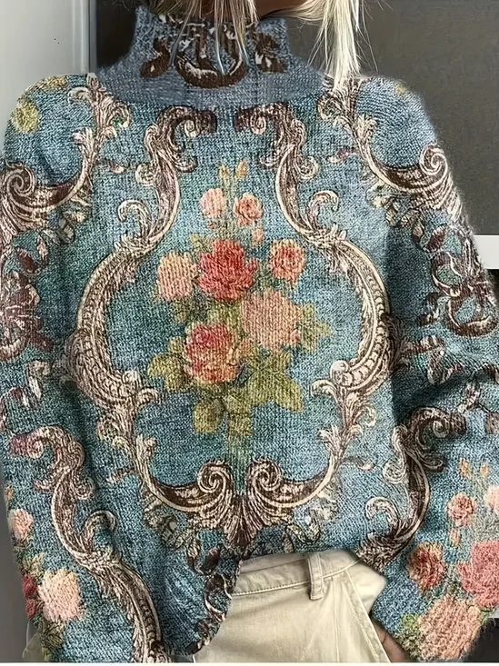 Women's Floral Print Casual Turtleneck Long Sleeve Sweater