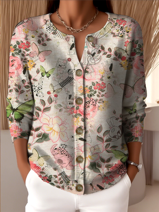 Crew Neck Knitted Loose Peasant Cardigan
