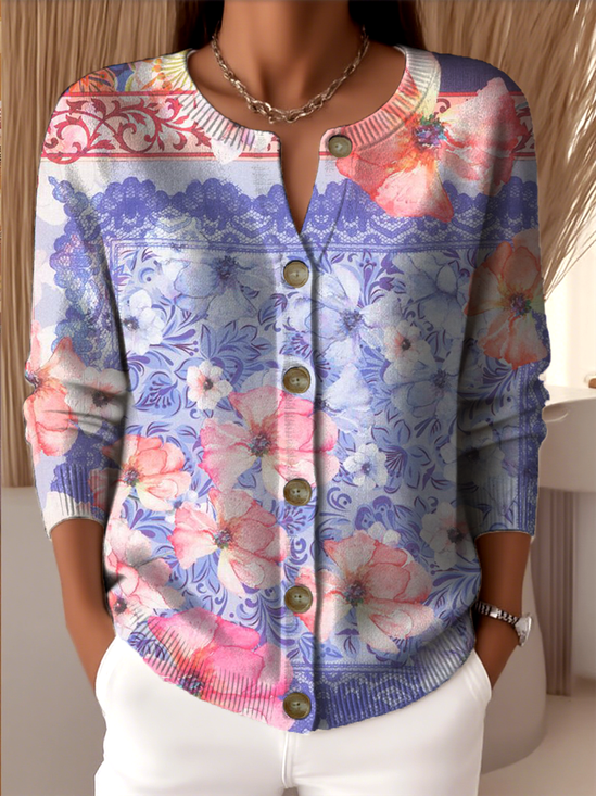 Gradient Pattern Crew Neck Casual Knitted Cardigan