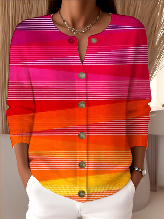 Striped Crew Neck Peasant Loose Cardigan