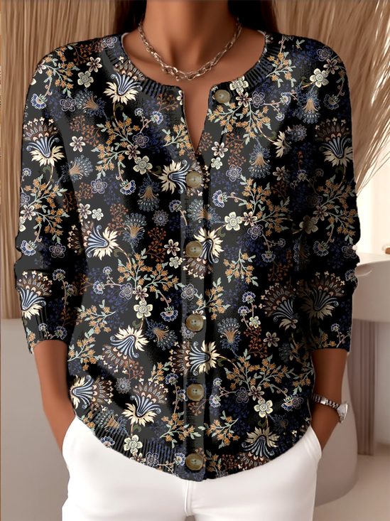 Crew Neck Floral Knitted Vintage Cardigan