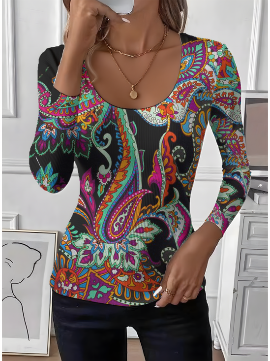 Tight Simple Floral U-Neck T-Shirt