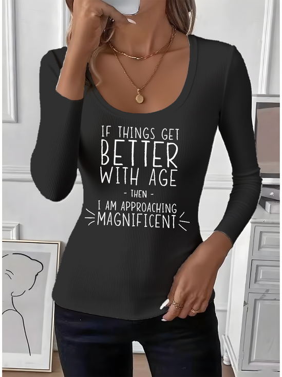 U-Neck Letter Pattern Simple T-Shirt