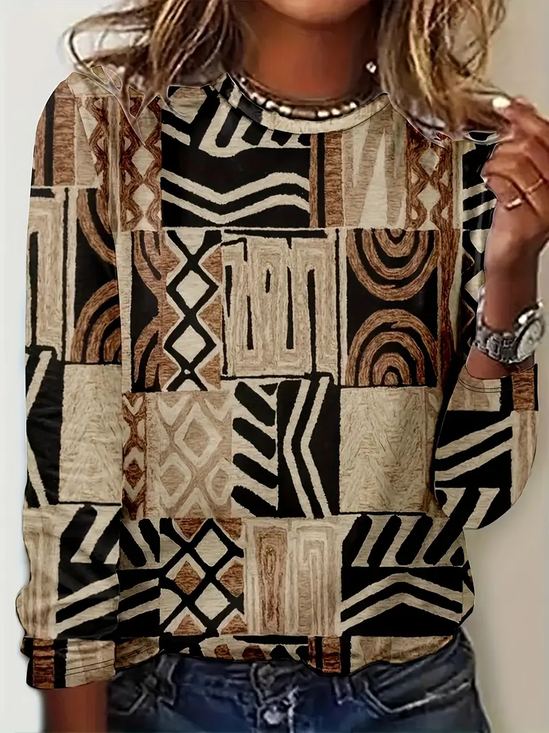 Women's Long Sleeve T-shirt Spring/Fall Brown Abstract Printing Jersey Crew Neck Daily Going Out Casual Top