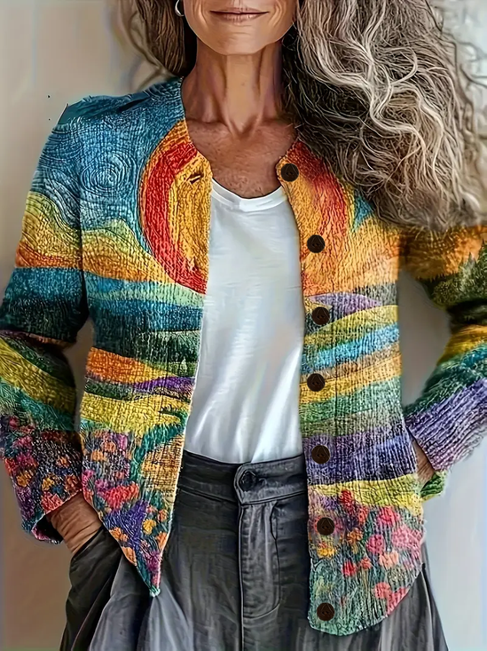 Women's Abstract Oil Painting Print Casual Long Sleeve Cardigan