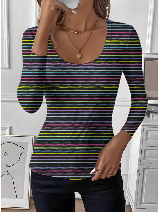 Striped U-Neck Simple Tight T-Shirt