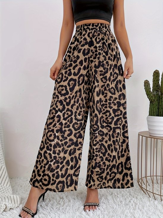 Women's  Elastic Waist H-Line Wide Leg Pants Daily Going Out Pants Deep Brown Casual Split Joint Leopard Spring/Fall Pants
