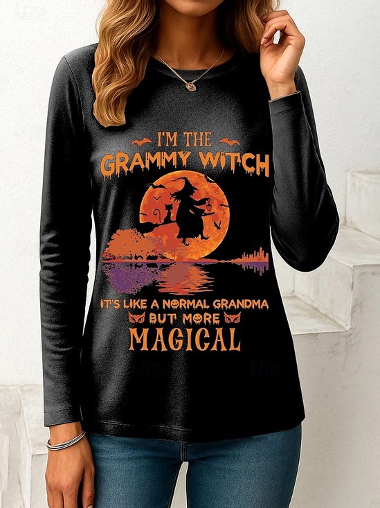 Halloween Women's T shirt Long Sleeve Graphic Letter Witch Vintage
