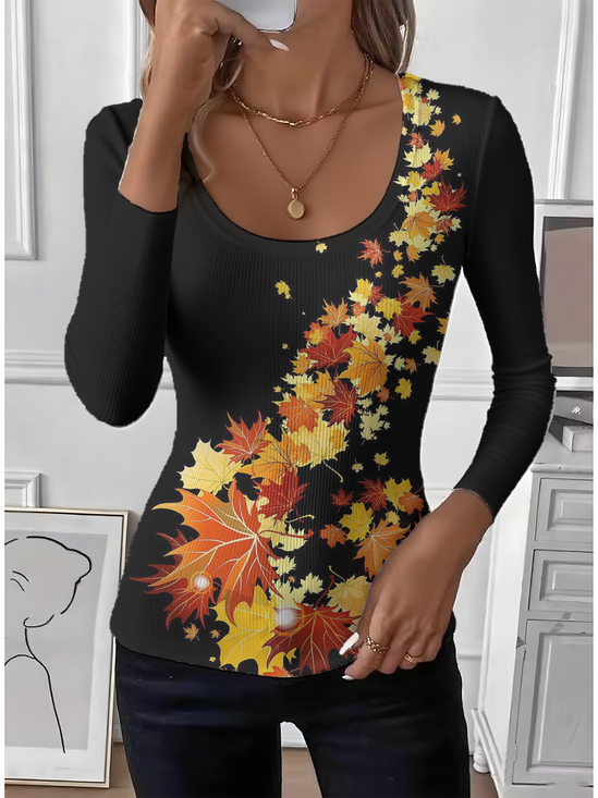U-Neck Tight Maple Leaf Simple T-Shirt