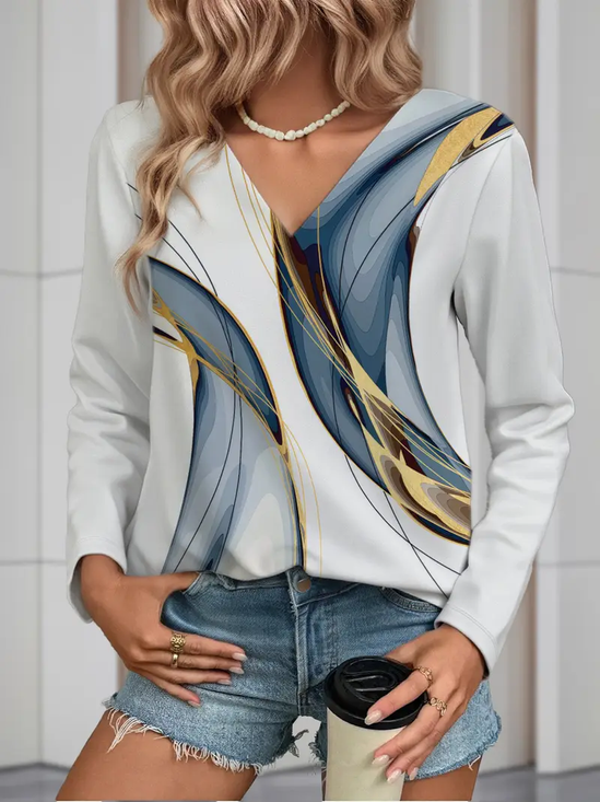 Women's Long Sleeve T-shirt Spring/Fall White Abstract Printing Jersey V Neck Daily Going Out Casual Top