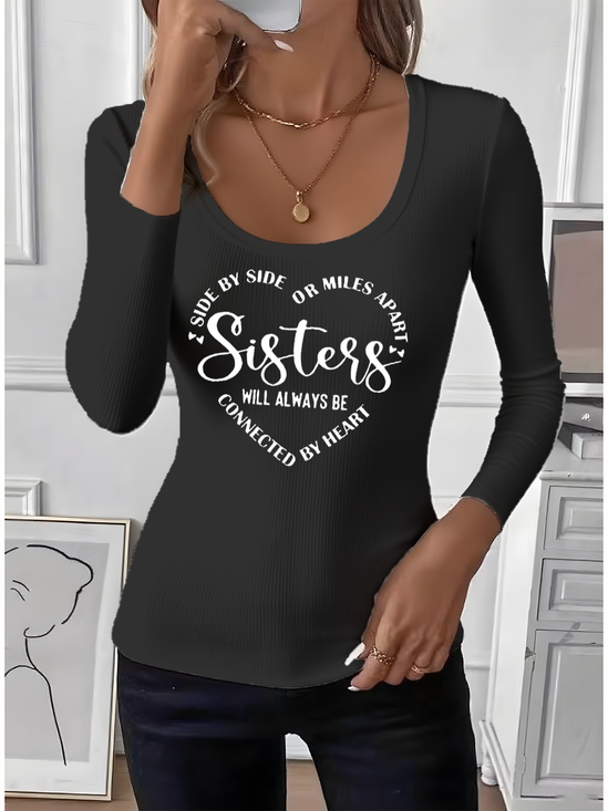 Simple Tight Letter Pattern U-Neck T-Shirt