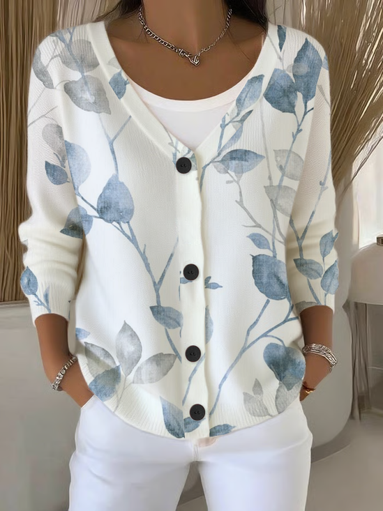 Women's Floral Print Casual Long Sleeve V-Neck Knitted Button Cardigan