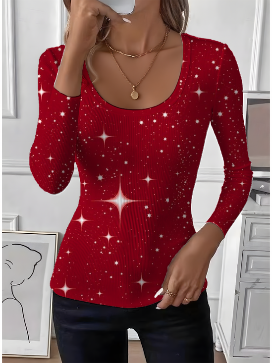U-Neck Gradient Pattern Simple Tight T-Shirt