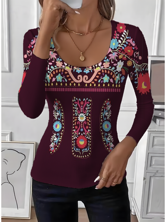Tight Simple U-Neck Floral T-Shirt