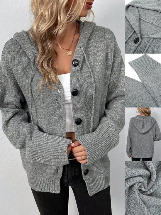 Split Joint Lady Romance Cotton Solid Color Hooded Single-breasted Cross-border Sweater Women 2025 Autumn And Winter New Drawstring Knitted Cardigan Jacket
