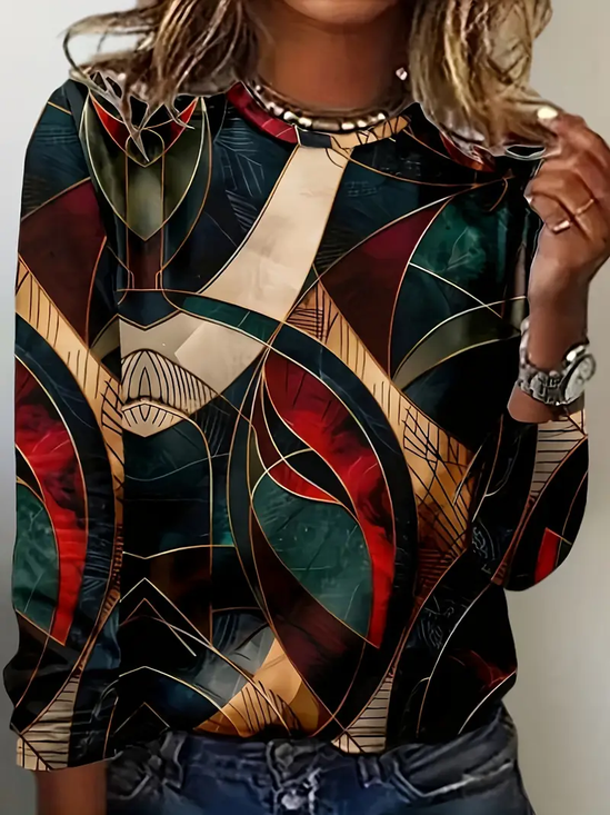 Women's Long Sleeve T-shirt Spring/Fall As Picture Abstract Printing Jersey Crew Neck Daily Going Out Casual Top
