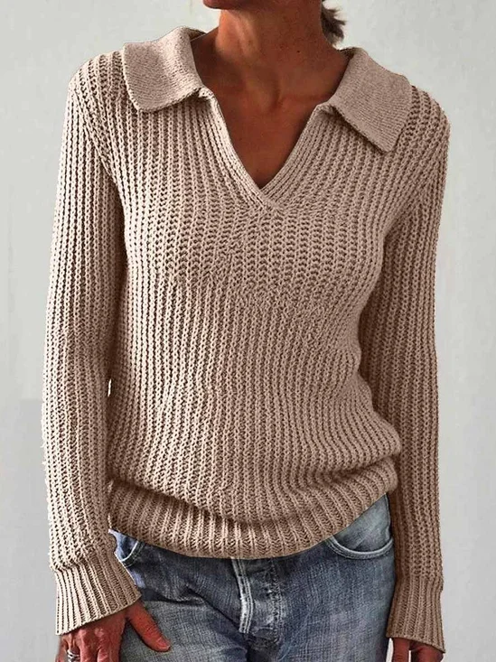 Women's Solid Color Long Sleeve Sweater Lapel Slim Fit Vintage Knit Top