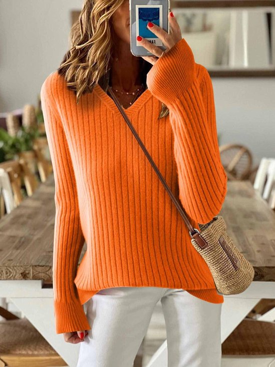 Women's Solid Color Long-Sleeved Temperament Knitted V-Neck Inner Sweater Versatile Fashion Slim Fit