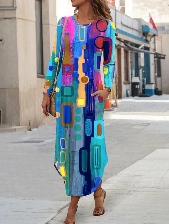 Women's Maxi Dress  Vacation Casual Holiday Date Regular Regular Fit Graphic Geometric Long Sleeve Crew Neck