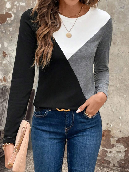 Women's Long Sleeve T-shirt Spring/Fall Black-white Multicolor Block Printing Jersey Crew Neck Daily Going Out Casual Top