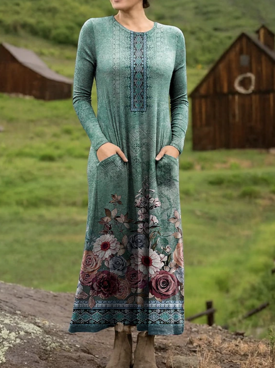 Women's Maxi T-shirt Dress Vacation Casual Bohemian Style Holiday Date Regular Fit Floral Pattern Geometric Long Sleeves Round U Neck