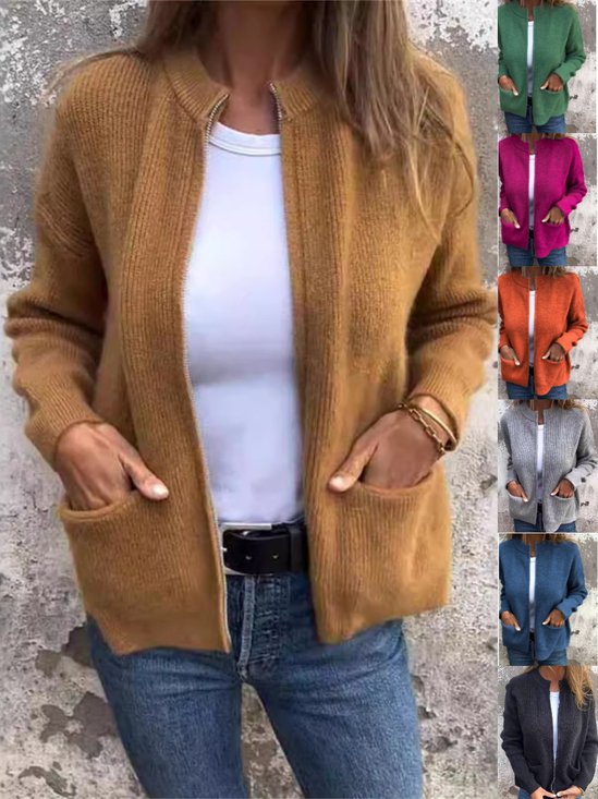 Stand Collar Casual  Sweater Knitted Stand Collar Zipper Coat Loose Pocket Jacket