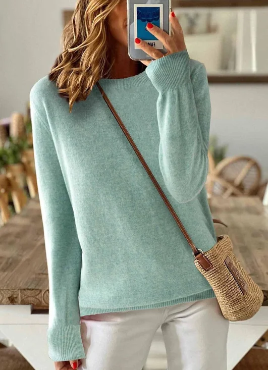 Women's Solid Color Long-Sleeved Round Neck Pullover Thin Knitted Bottoming Shirt