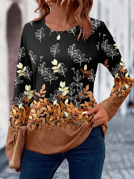 Women's Plant Gradient Pattern Round Neck Long Sleeve T-shirt