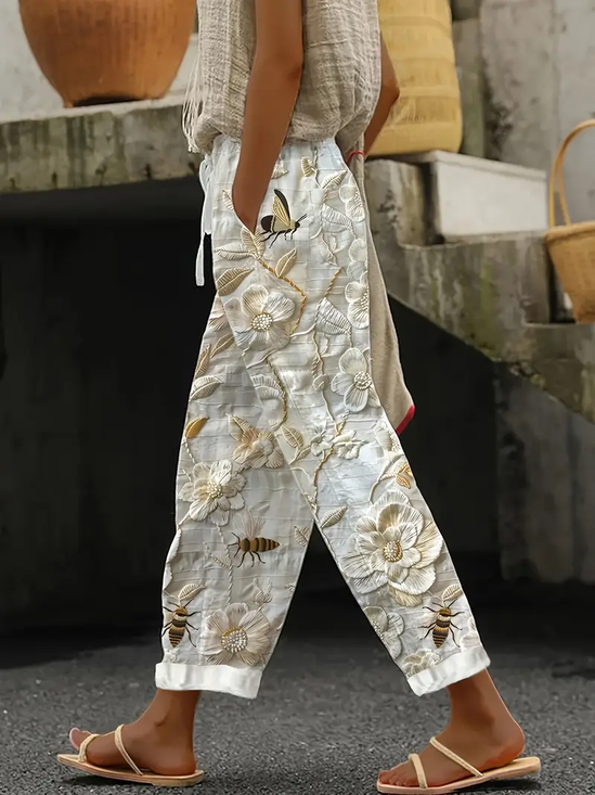 Women's  H-Line Baggy Pants Daily Going Out Pants Off White Casual Printing Floral Spring/Fall Pants