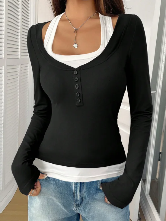 Square Neck Cotton Casual T-Shirt