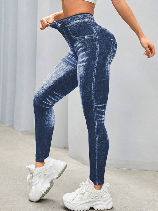 Faux Denim Print Graphic Tight Casual Leggings