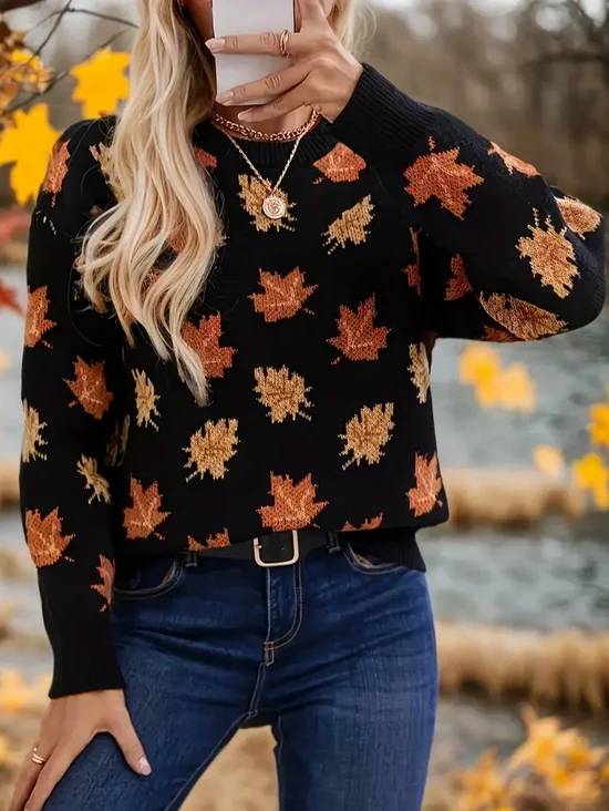 Women's Maple Leaf Print Casual Crew Neck Long Sleeve Sweater