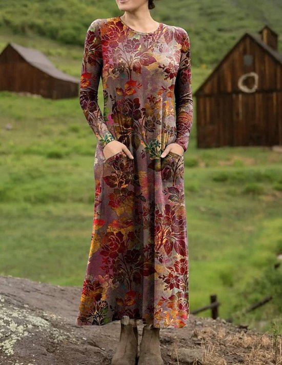 Women's Maxi T-shirt Dress Vacation Casual Bohemian Style Holiday Date Regular Fit Floral Pattern Geometric Long Sleeves Round U Neck