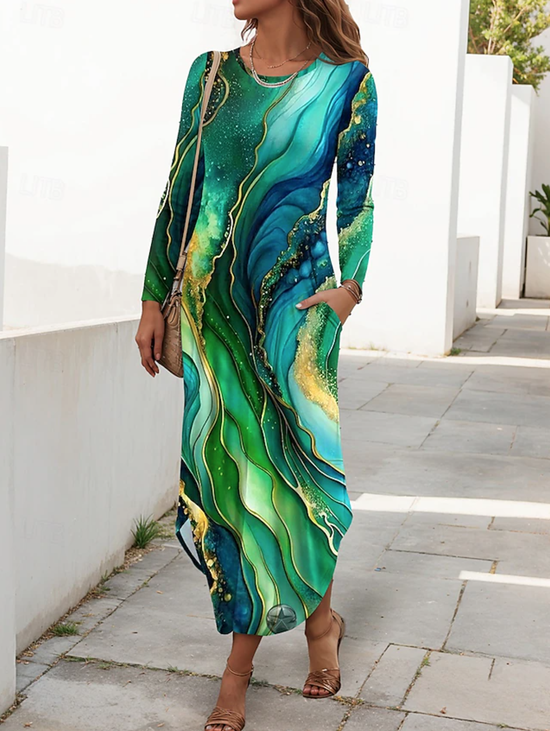 Women's Maxi Dress  Vacation Casual Holiday Date Regular Regular Fit Graphic Geometric Long Sleeve Crew Neck