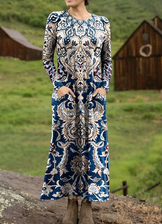 Women's Maxi T-shirt Dress Holiday Casual Bohemian Style Holiday Date Regular Fit Ethnic Pattern Geometric Long Sleeves Round U Neck