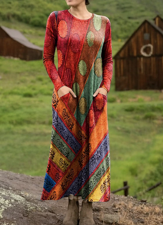 Women's Maxi T-shirt Dress Holiday Casual Bohemian Style Holiday Date Regular Fit Ethnic Pattern Geometric Long Sleeves Round U Neck