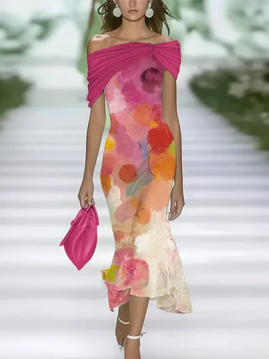 Women's Cap Sleeve Summer Pink Abstract Printing Cold Shoulder Daily Going Out Vintage Maxi H-Line Dress