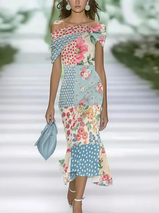 Women's Cap Sleeve Summer Blue Floral Printing Cold Shoulder Daily Going Out Vintage Maxi H-Line Dress