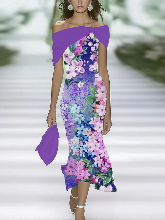 Women's Cap Sleeve Summer Purple Floral Printing Cold Shoulder Daily Going Out Vintage Maxi H-Line Dress