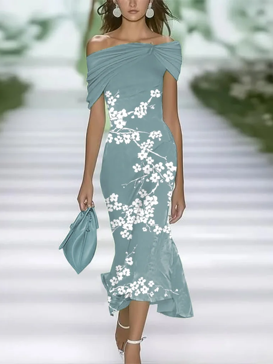 Women's Cap Sleeve Summer Cyan Floral Printing Cold Shoulder Daily Going Out Vintage Maxi H-Line Dress