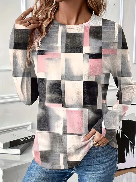 Women's Long Sleeve T-shirt Spring/Fall pink-gray Abstract Printing Jersey Crew Neck Daily Going Out Casual Top