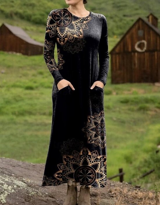 Women's Maxi T-shirt Dress Vacation Casual Bohemian Style Holiday Date Regular Fit Floral Pattern Geometric Long Sleeves Round U Neck
