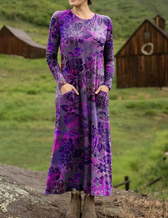 Women's Maxi T-shirt Dress Vacation Casual Bohemian Style Holiday Date Regular Fit Floral Pattern Geometric Long Sleeves Round U Neck