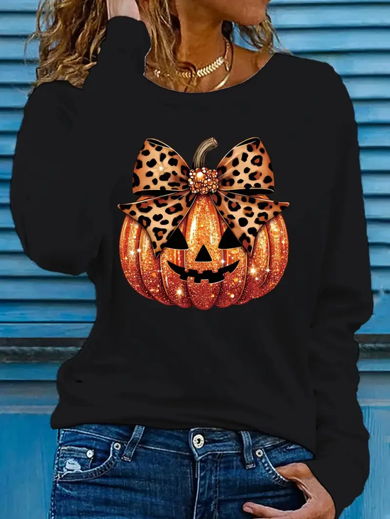 Women's Long Sleeve T-shirt Spring/Fall Black Halloween (pumpkin) Printing Jersey Crew Neck Daily Going Out Casual Top