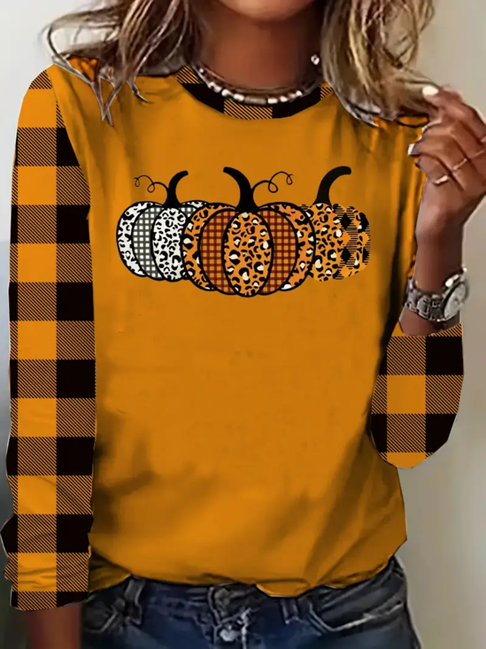Women's Long Sleeve T-shirt Spring/Fall Orange Halloween (pumpkin) Printing Jersey Crew Neck Daily Going Out Casual Top